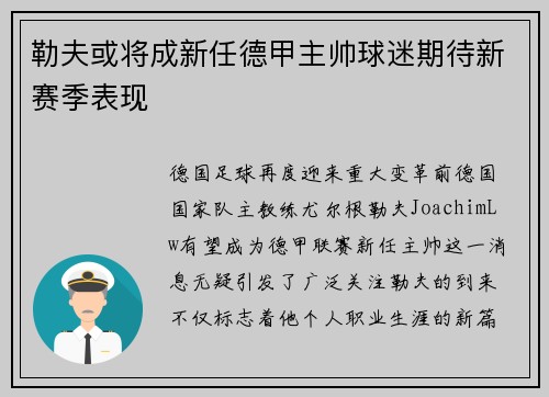 勒夫或将成新任德甲主帅球迷期待新赛季表现