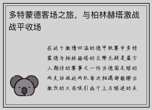 多特蒙德客场之旅，与柏林赫塔激战战平收场